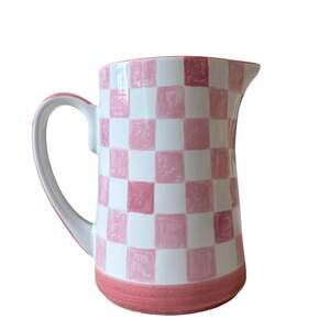 MacKenzie-Childs Pink Check Pitcher 1.75 Qt Portugal Stoneware NEW